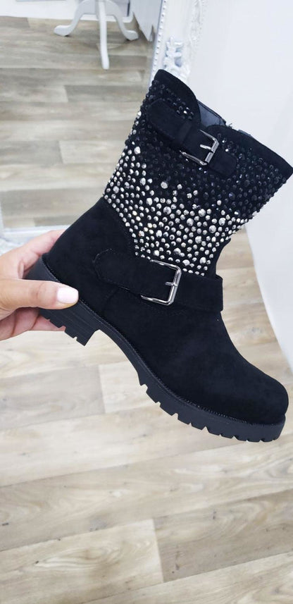 Sibbel Black Faux Suedette Studded Buckle Biker Boots