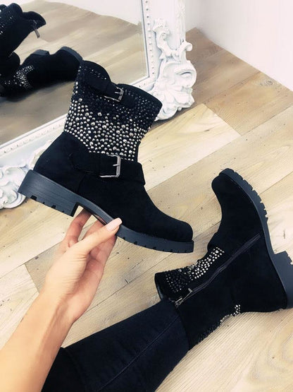 Sibbel Black Faux Suedette Studded Buckle Biker Boots