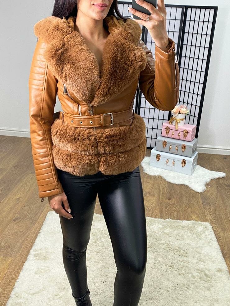 Sorveta Tan Faux Leather Hooded Faux Fur Belted Jacket