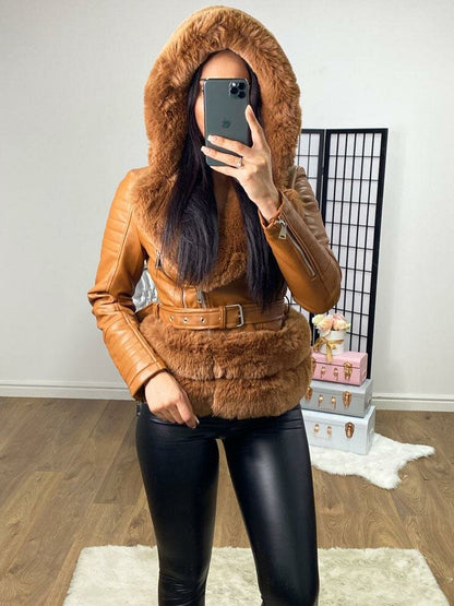Sorveta Tan Faux Leather Hooded Faux Fur Belted Jacket