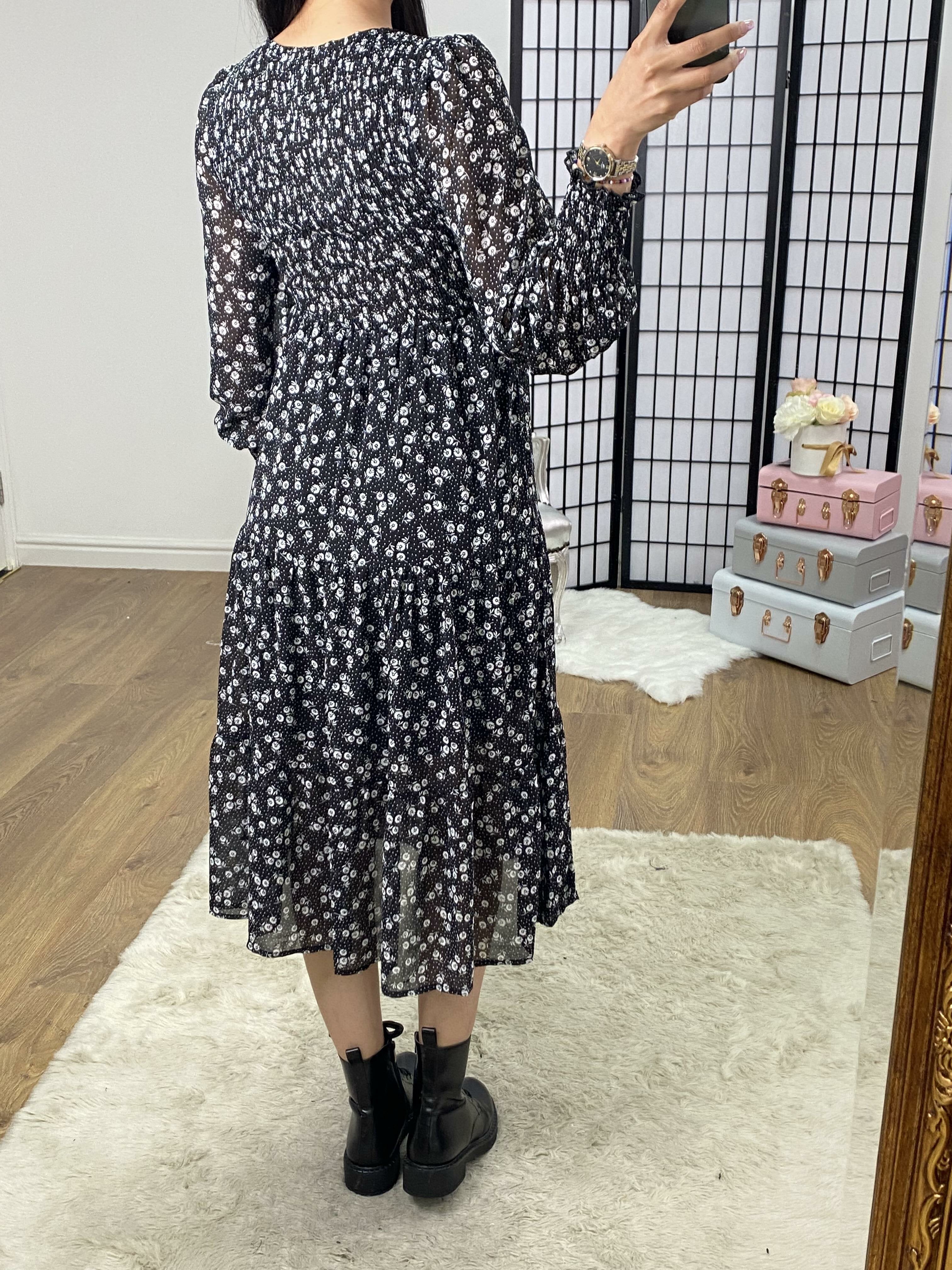 Sunita Black White Floral Print Elasticated Tiered Midi Dress