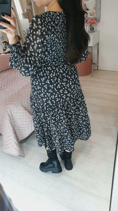 Sunita Black White Floral Print Elasticated Tiered Midi Dress