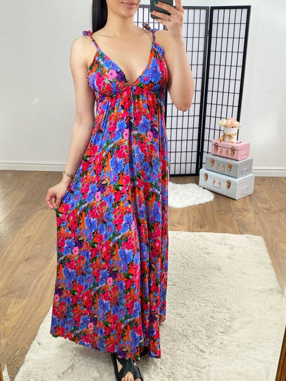 Suranne Blue Deep V Back Floral Maxi Dress