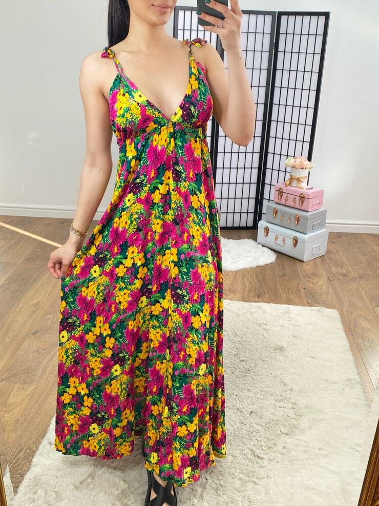 Suranne Yellow Deep V Back Floral Maxi Dress