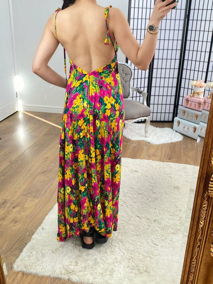 Suranne Yellow Deep V Back Floral Maxi Dress