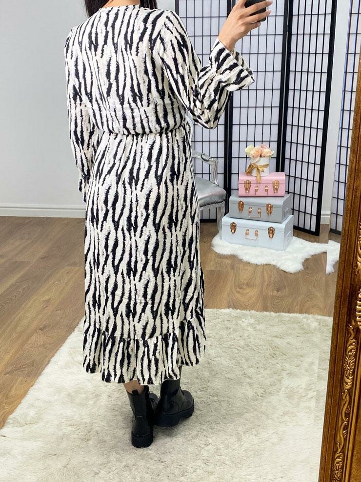 Tabby Black And Cream Ruffle Wrap Dress