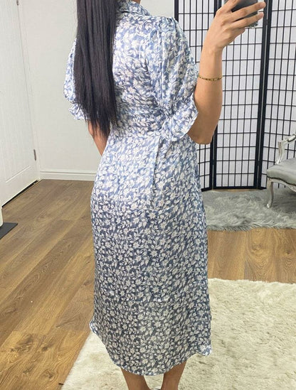 Tabia Baby Blue Floral Print Shirt Swing Dress