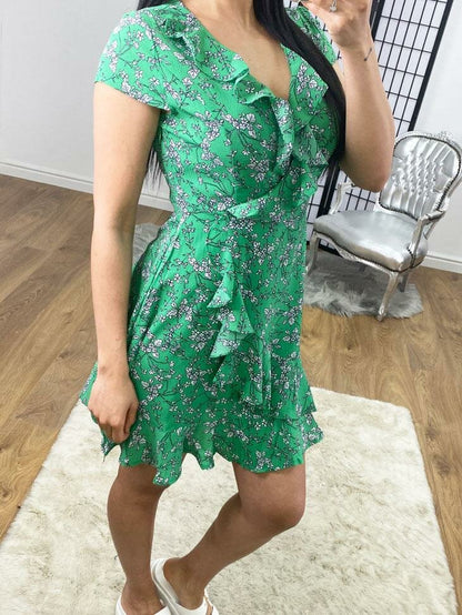 Talitha Green Floral Print Frill Floaty Wrap Dress