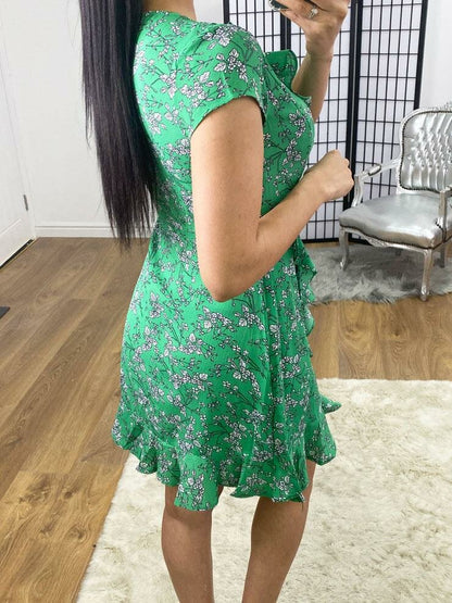 Talitha Green Floral Print Frill Floaty Wrap Dress