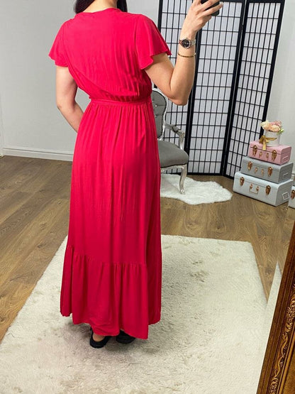 Tandessa Plain V Neck Belted Maxi Dress