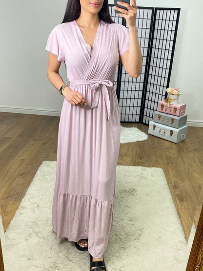 Tandessa Plain V Neck Belted Maxi Dress