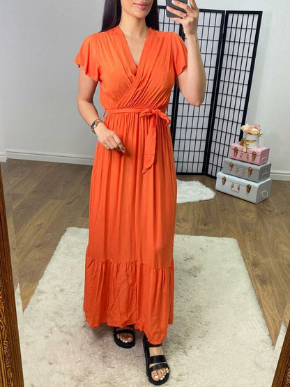 Tandessa Plain V Neck Belted Maxi Dress