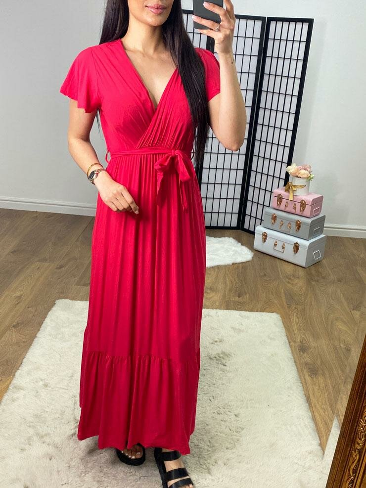 Tandessa Plain V Neck Belted Maxi Dress