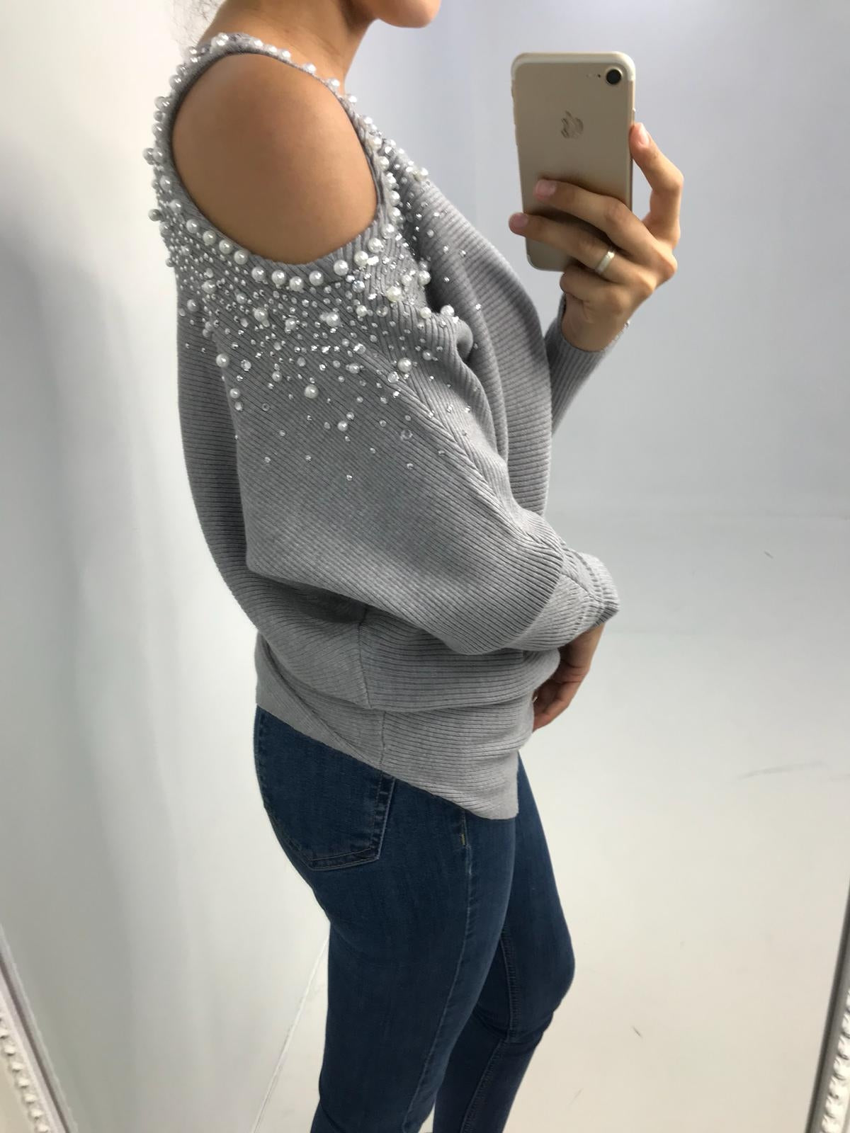 Taren Cold Shoulder Pearl Diamante Jumper BowsBoutiques