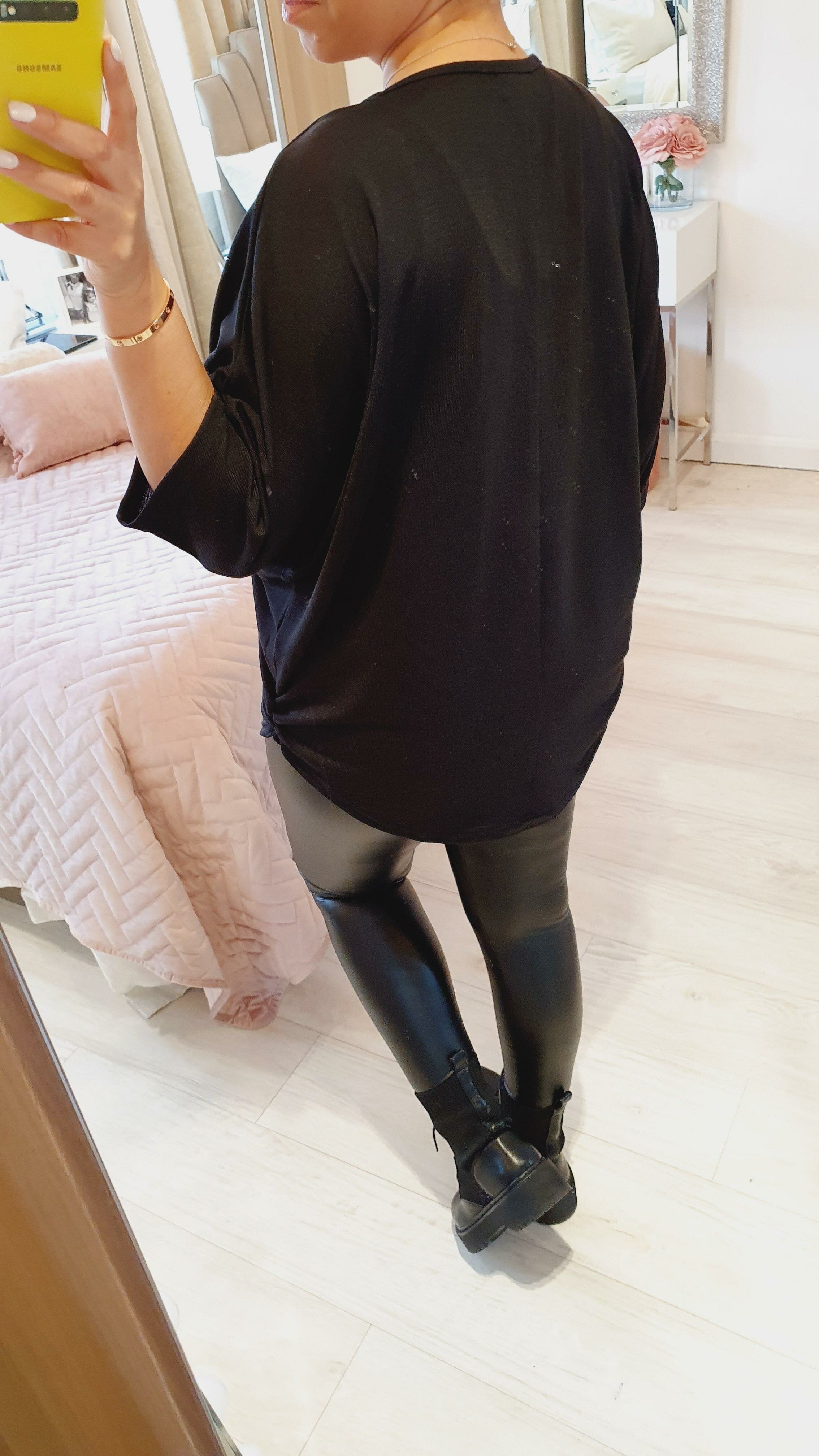 Tarrise Black Oversized Diamante Zip Detailed Batwing Top