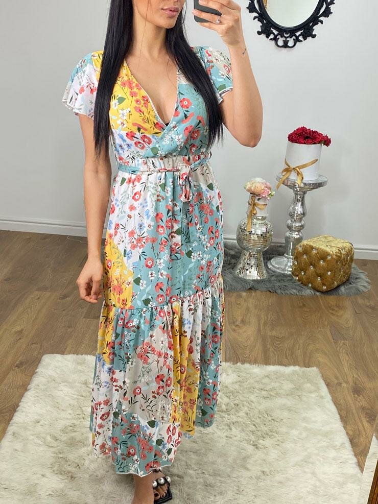 Tayla Floral Print Wrap Smock Maxi Dress