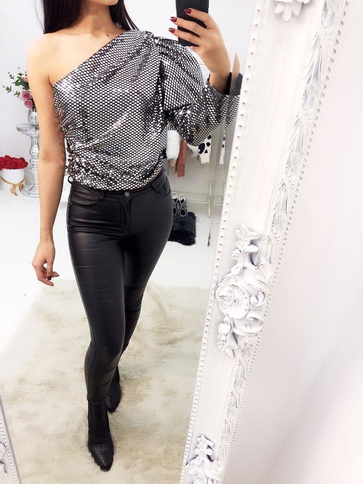 Teagan Silver Chunky Shimmer One Shoulder Puff Sleeve Top