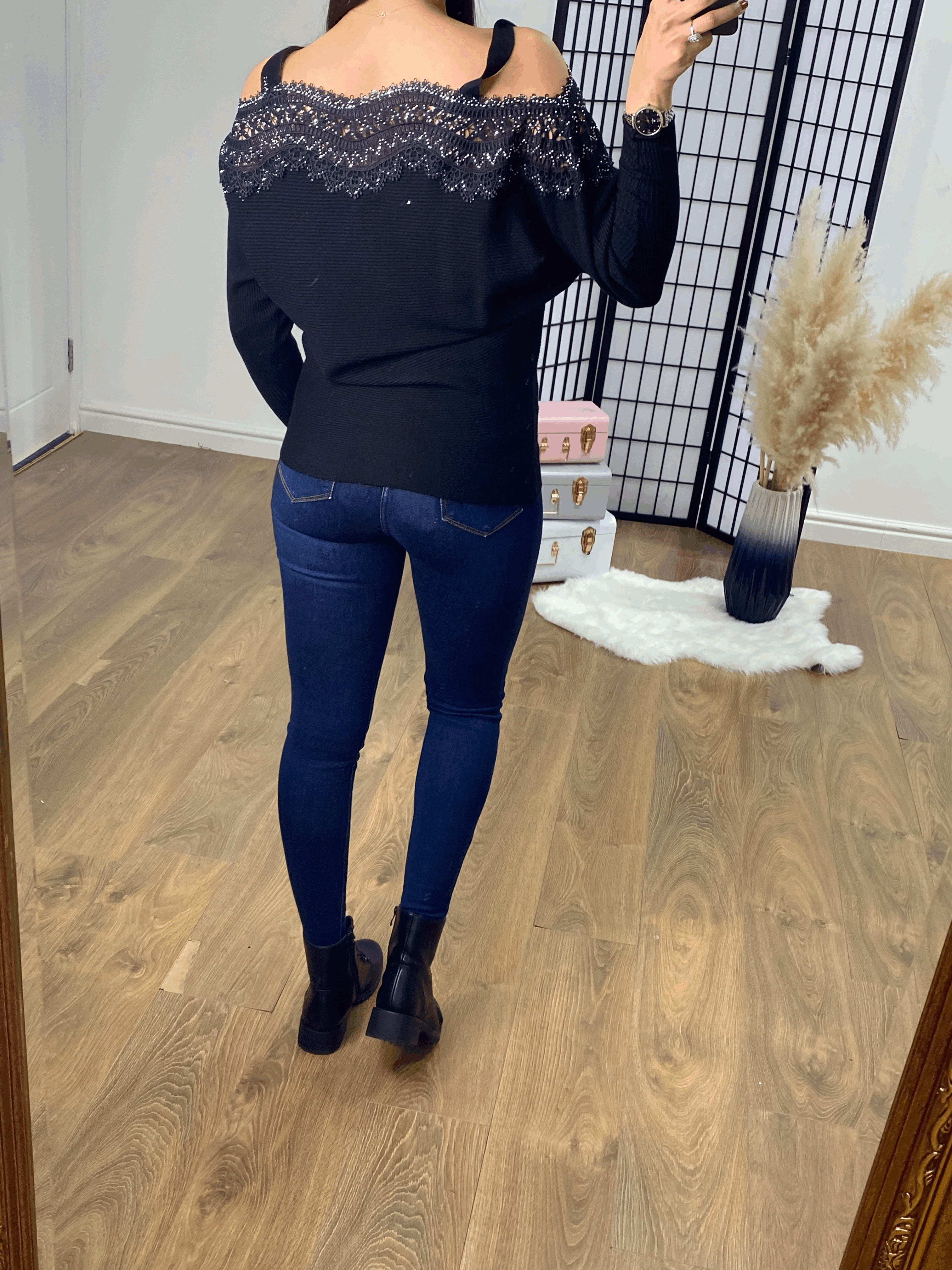 Glamma Crochet Diamante Strappy Bardot Jumper