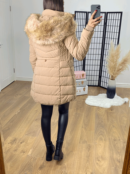 Santana Camel Faux Fur Hood Padded Coat