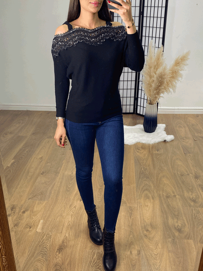 Glamma Crochet Diamante Strappy Bardot Jumper