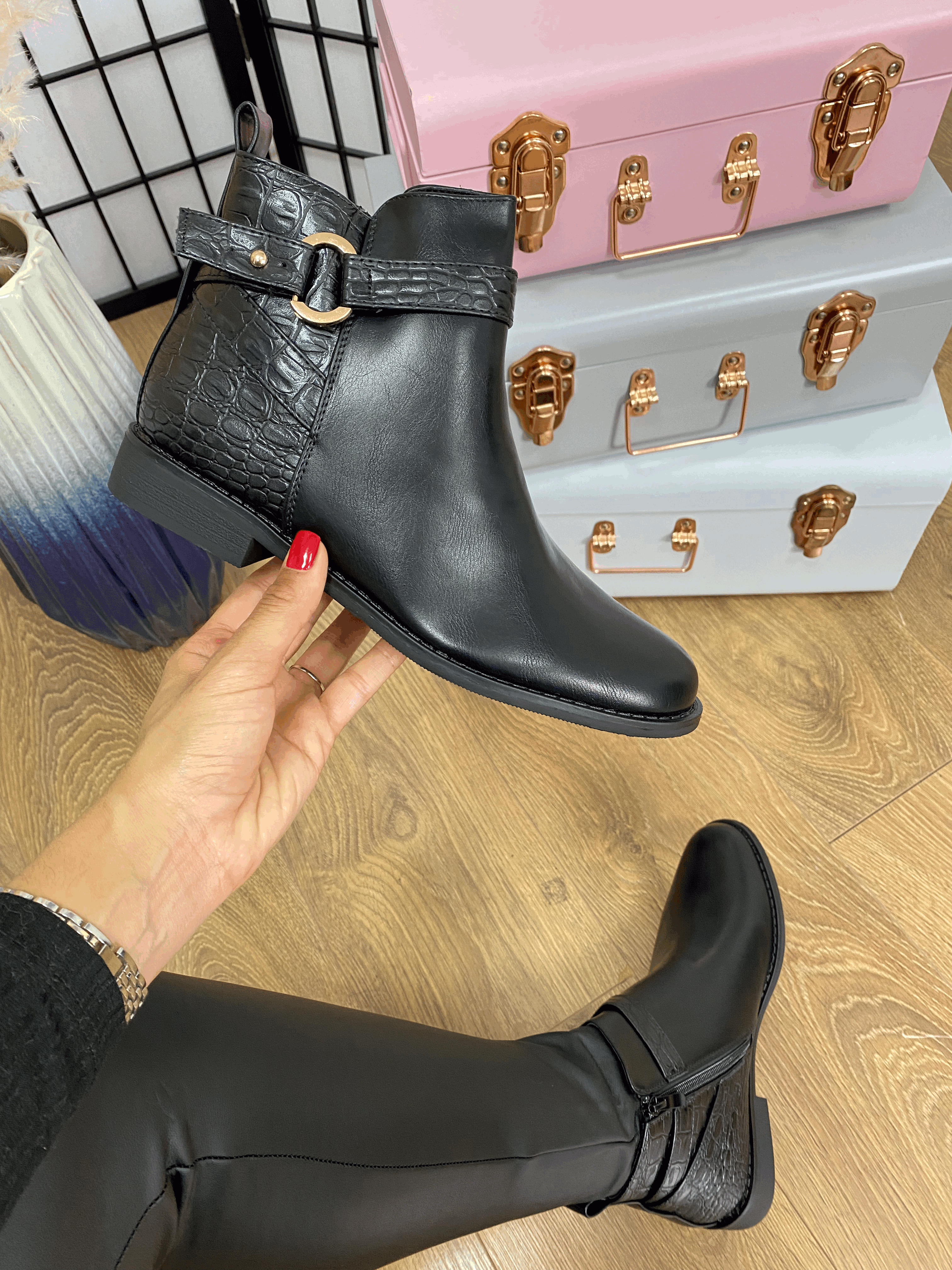 Belin Black Croc Effect Ankle Boot