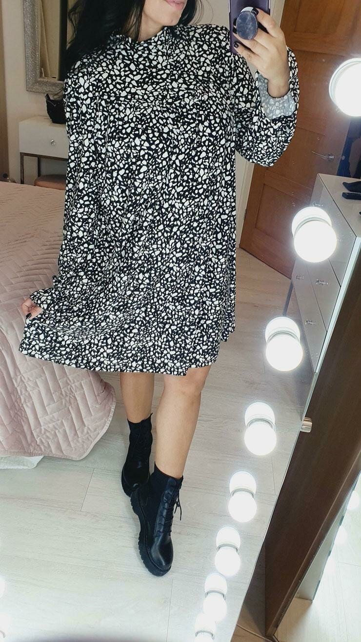 Theora Monochrome Printed Bell Sleeve Swing Dress