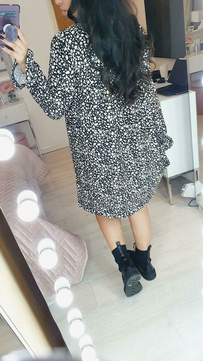 Theora Monochrome Printed Bell Sleeve Swing Dress