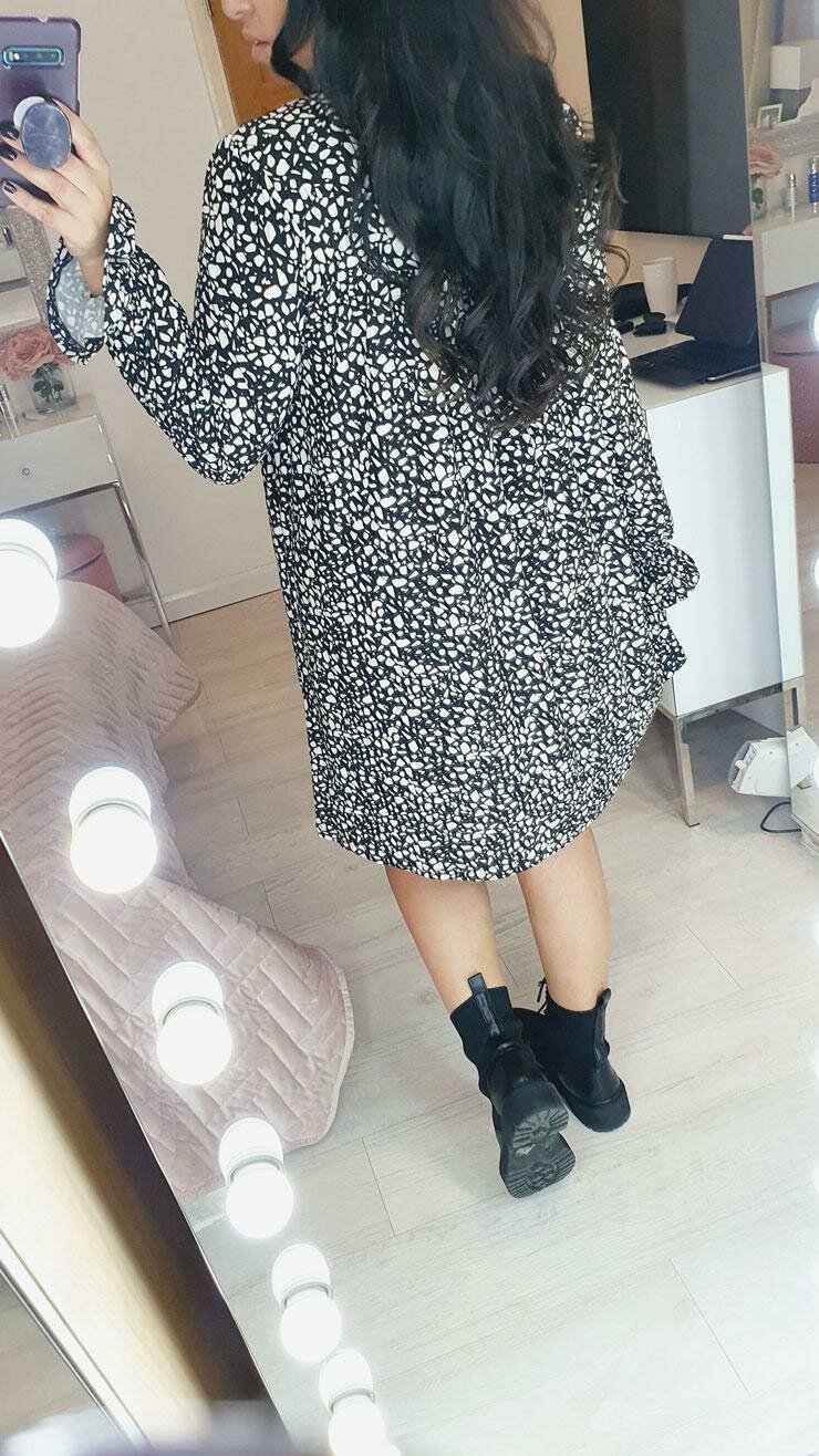 Theora Monochrome Printed Bell Sleeve Swing Dress