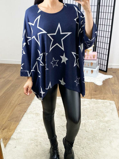 Tishy Super Soft Navy Star Print Oversized Thin Knit Jumper