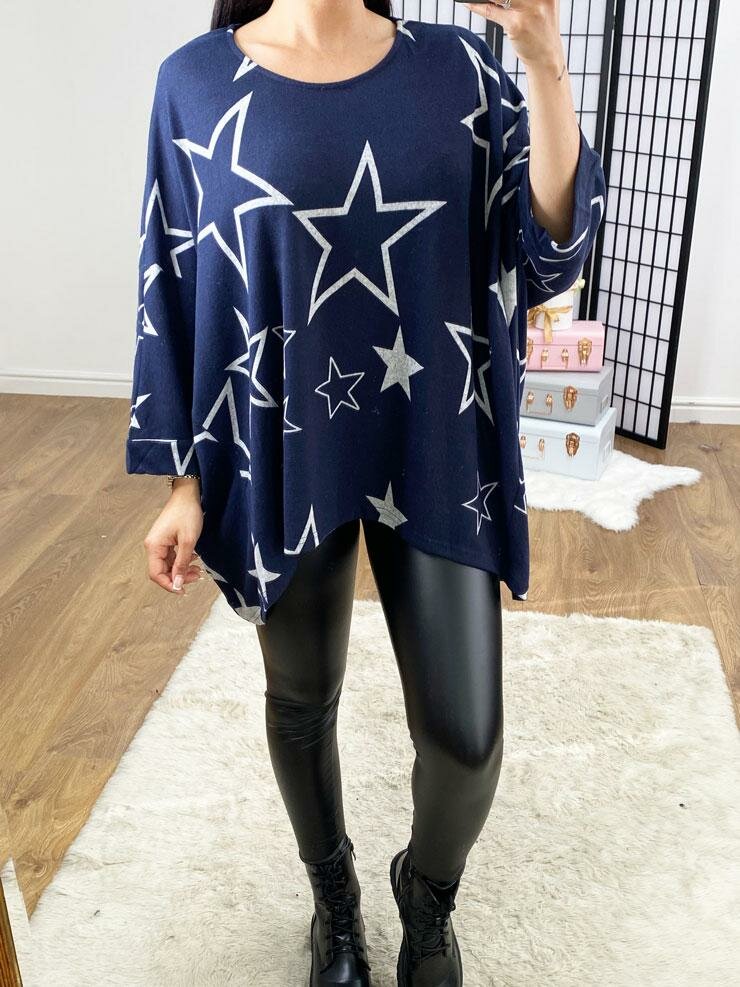 Tishy Super Soft Navy Star Print Oversized Thin Knit Jumper