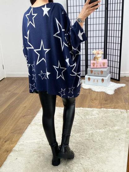 Tishy Super Soft Navy Star Print Oversized Thin Knit Jumper