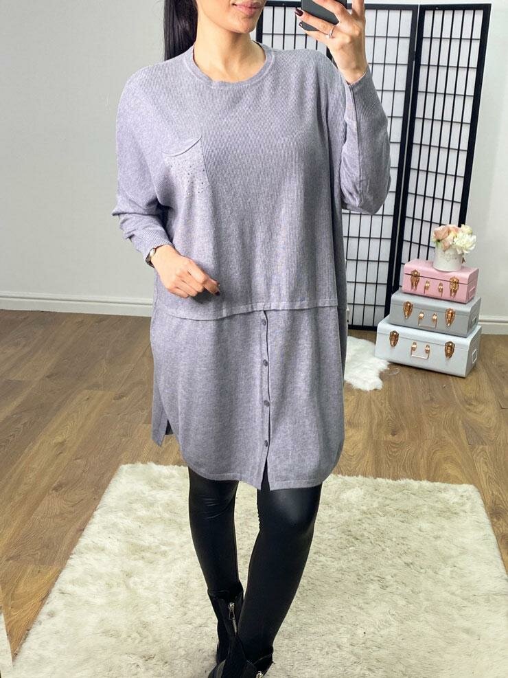 Togan Oversized Diamante Pocket Button Detailed Knit Jumper