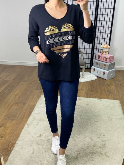 Tova Metallic Stencil Diamante Panel Heart Sweatshirt