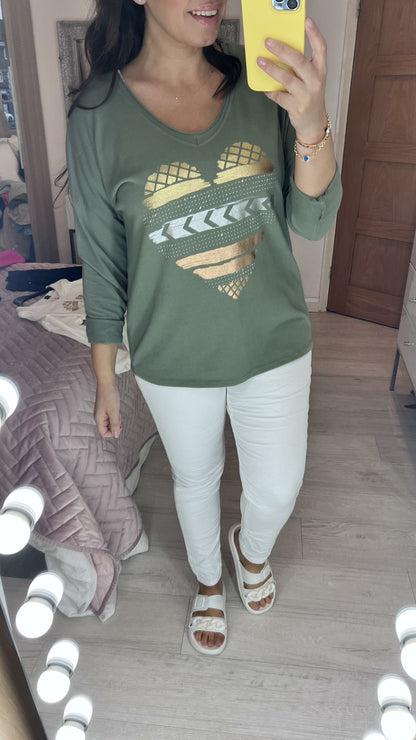 Tova Metallic Stencil Diamante Panel Heart Sweatshirt