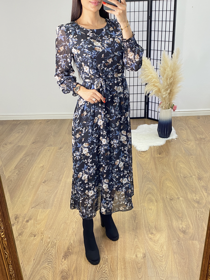 Travolta Sheer Sleeve Floral Print Maxi Dress