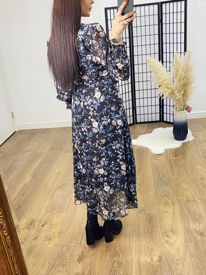 Travolta Sheer Sleeve Floral Print Maxi Dress