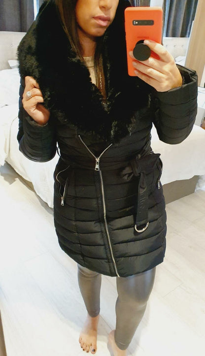 Dez Black Faux Fur Collar Belt Coat