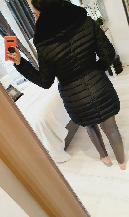 Dez Black Faux Fur Collar Belt Coat