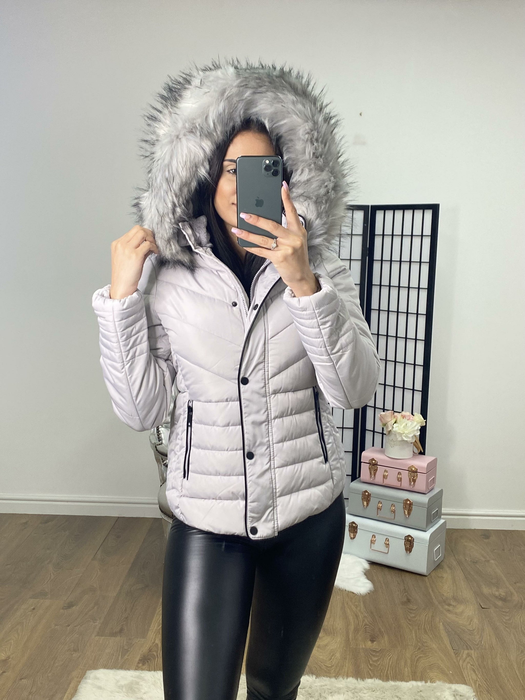 Grey quilted coat with fur hood best sale