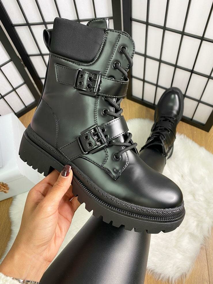 Valery Black Faux Leather Buckle Detailed Chunky Biker Boots