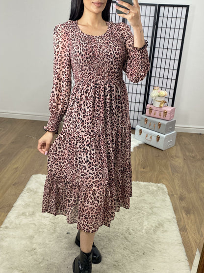 Vally Pink Leopard print Tiered Midi Dress