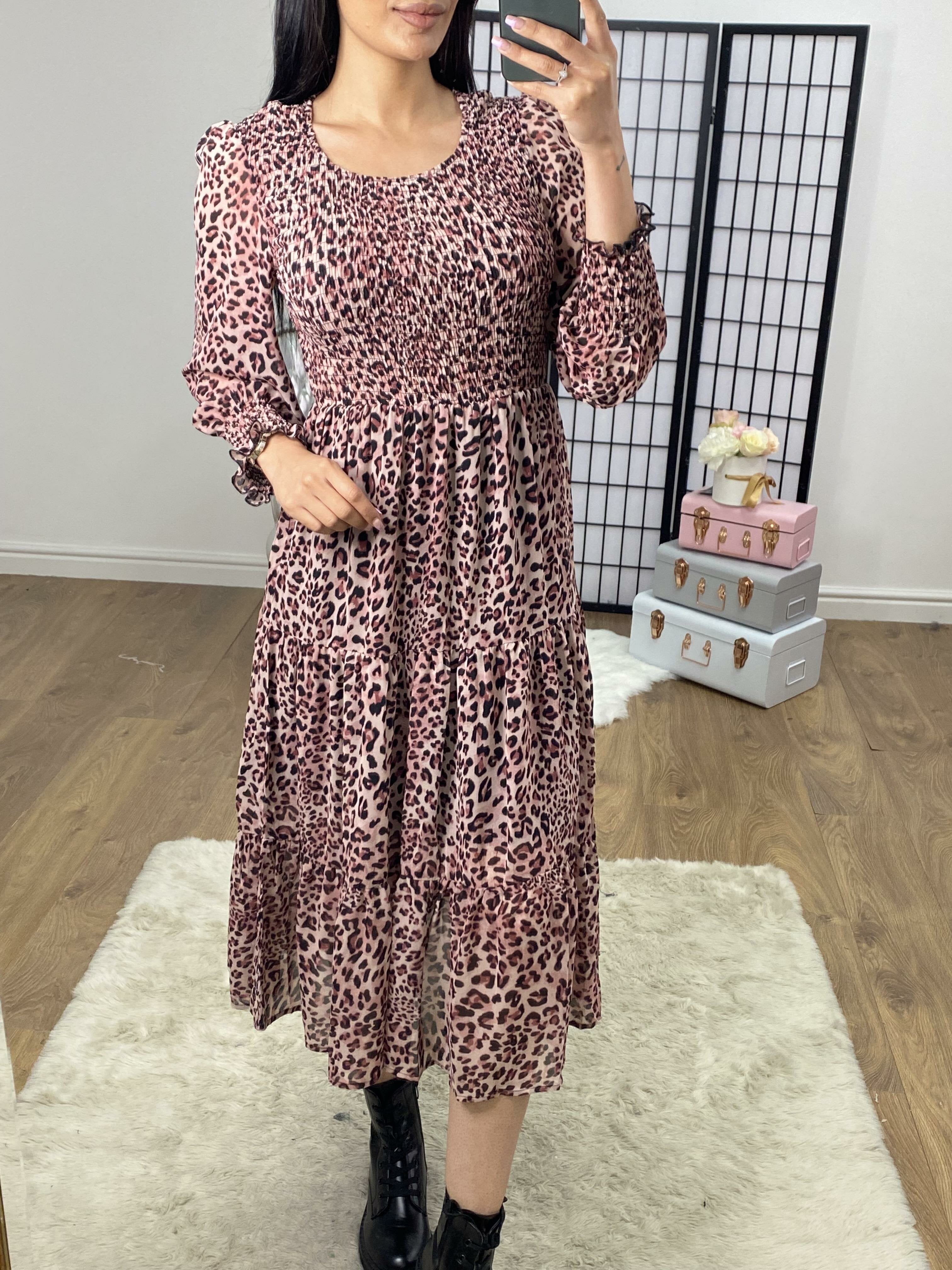 Vally Pink Leopard print Tiered Midi Dress