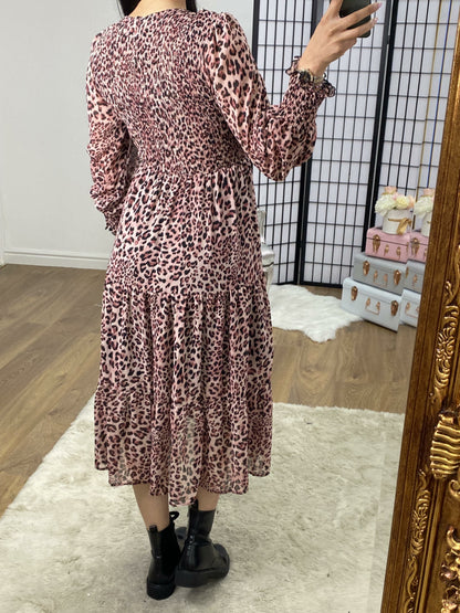 Vally Pink Leopard print Tiered Midi Dress