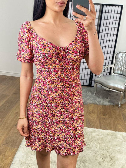 Veronique Floral Puff Sleeve Sweetheart Mini Dress
