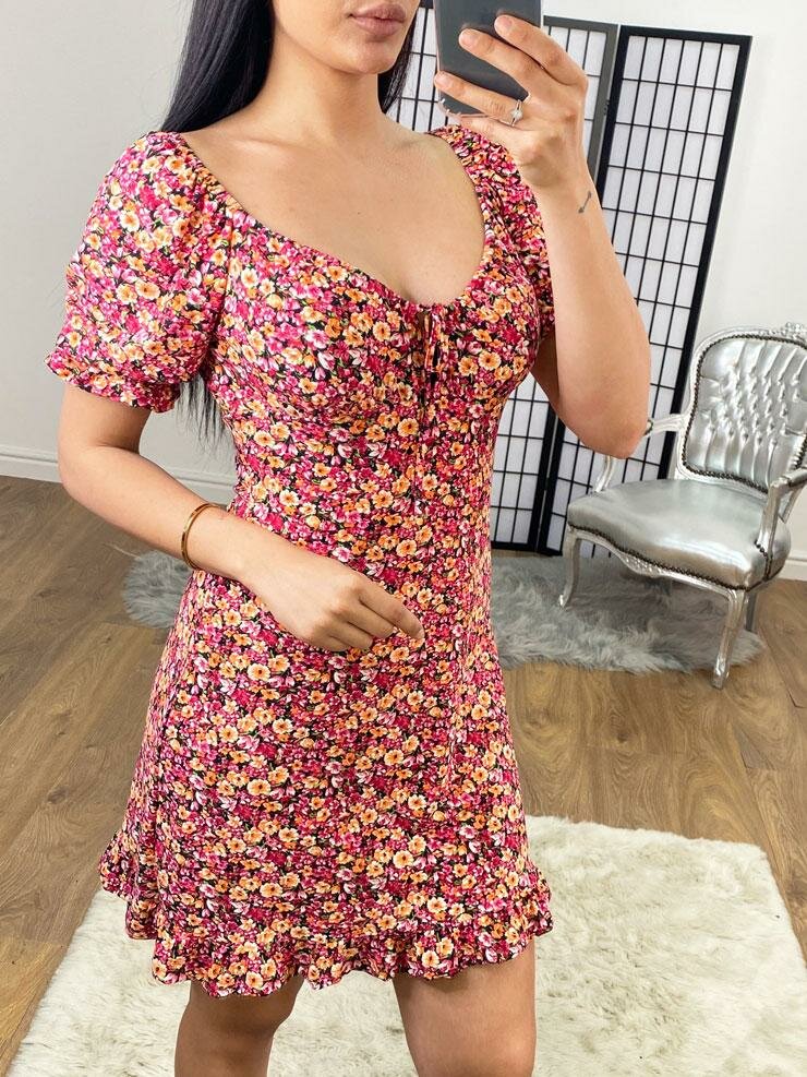 Veronique Floral Puff Sleeve Sweetheart Mini Dress