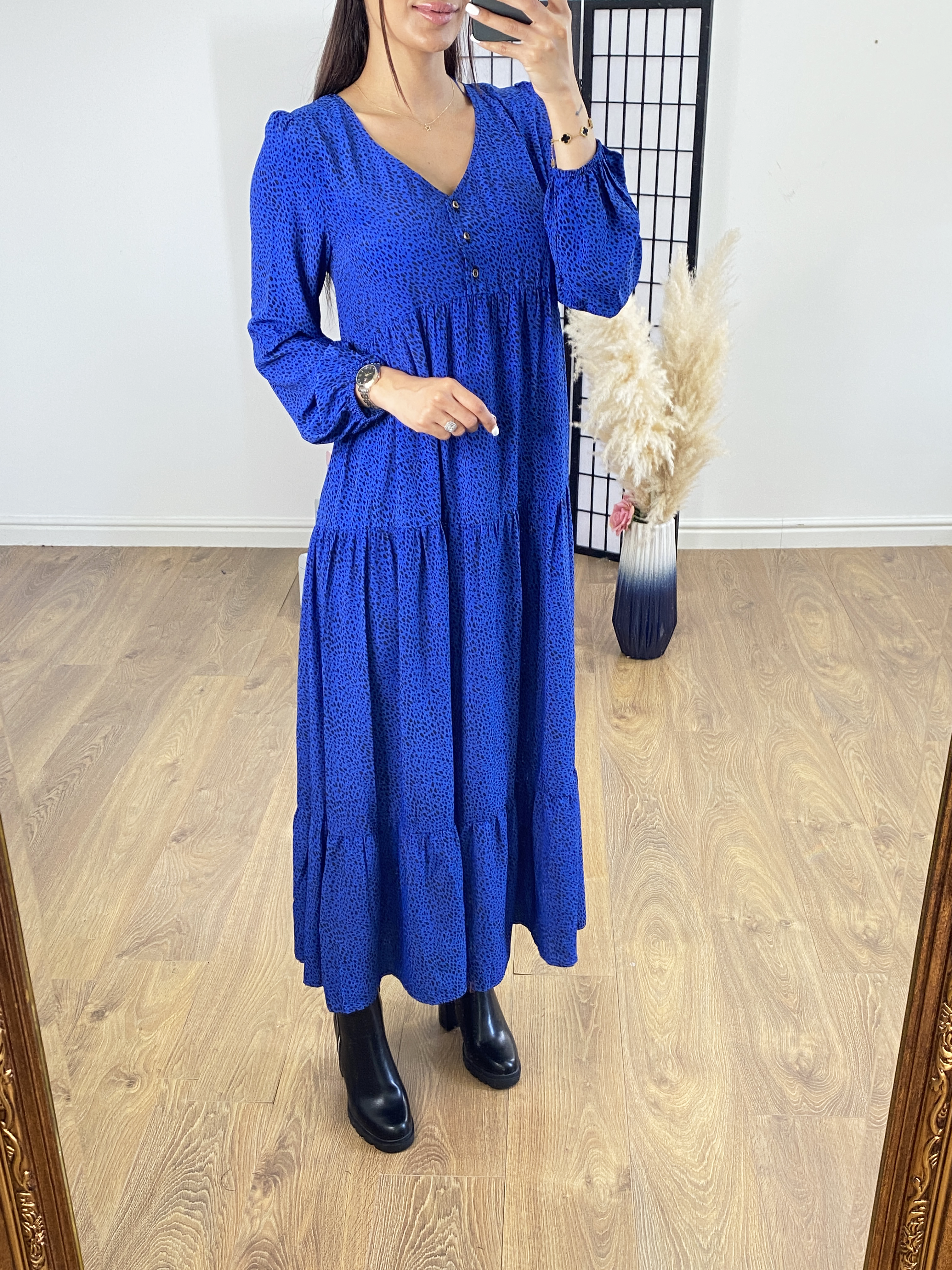 Westley Royal Blue Cheetah Print Smock Maxi Dress