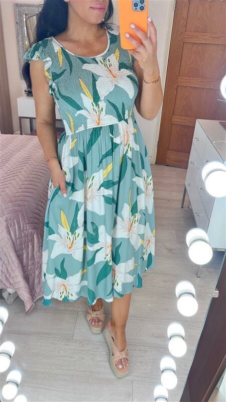 Wren Sage Floral Print Shirred Dress