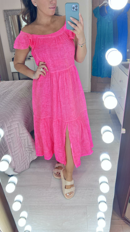 Xana Ruffle Sleeve Tiered Linen Dress