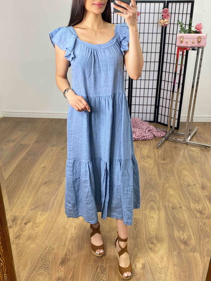 Xana Ruffle Sleeve Tiered Linen Dress