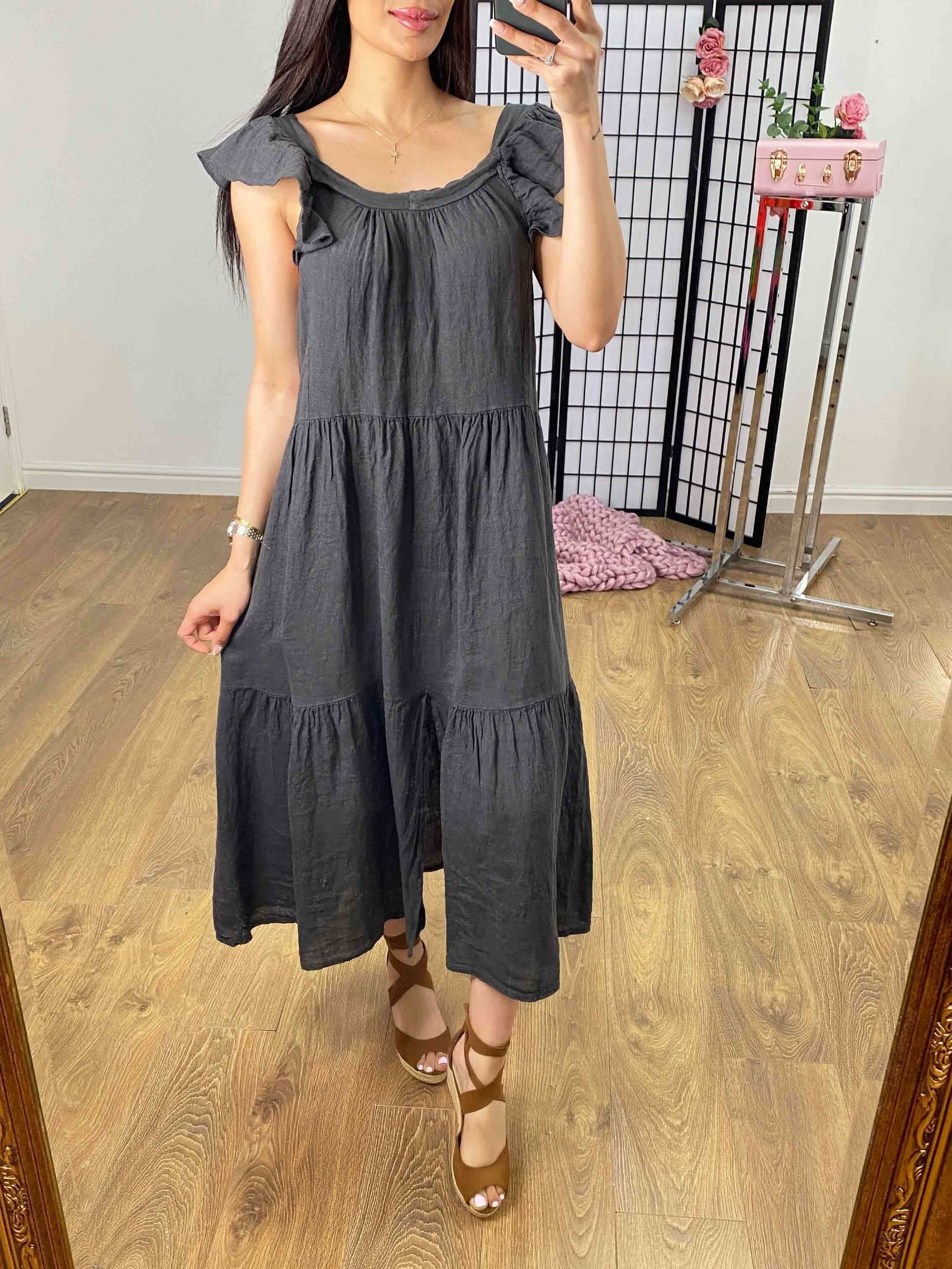 Xana Ruffle Sleeve Tiered Linen Dress